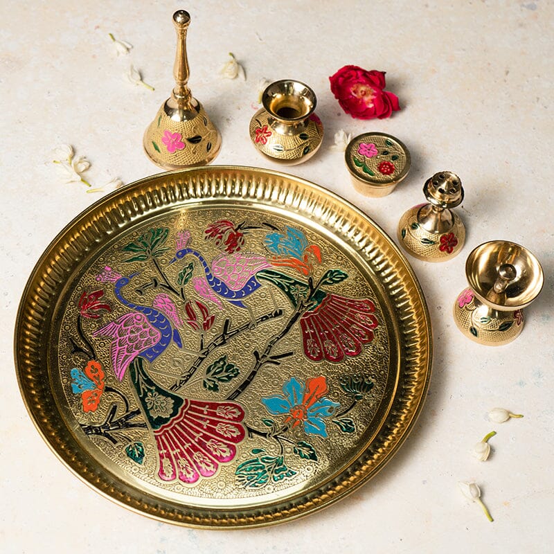 Brass Pooja Thali Set, Engraved Meenakari Work, PU Coating
