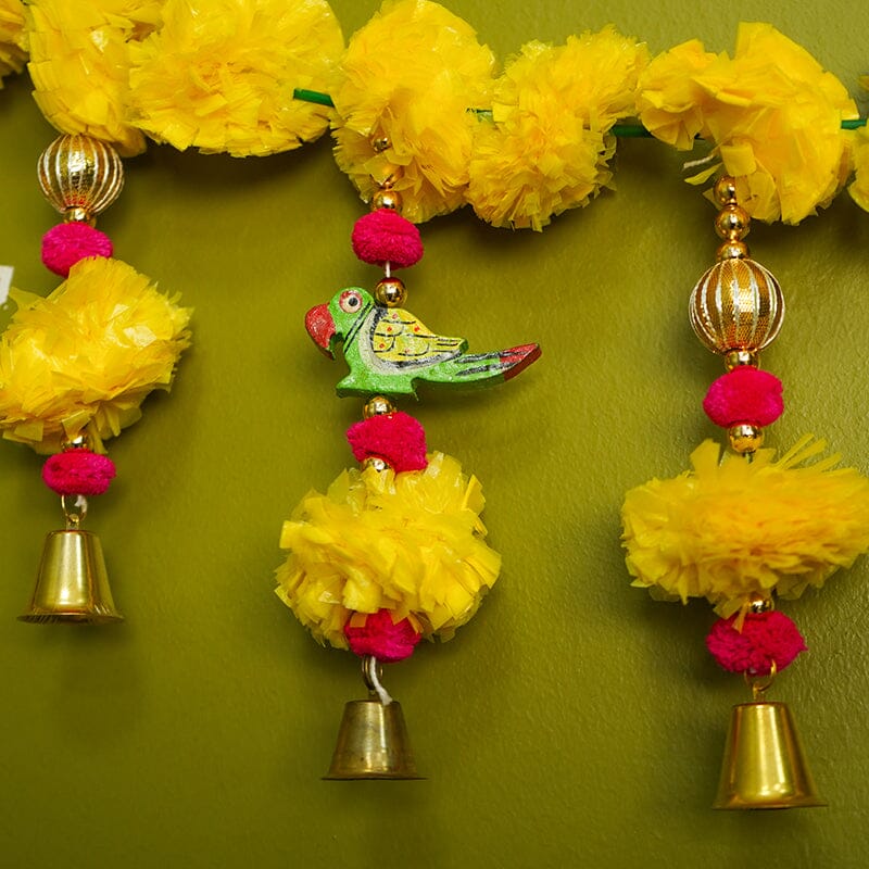 Yellow Marigold & Handpainted Parrot Toran/ Bandhanwar