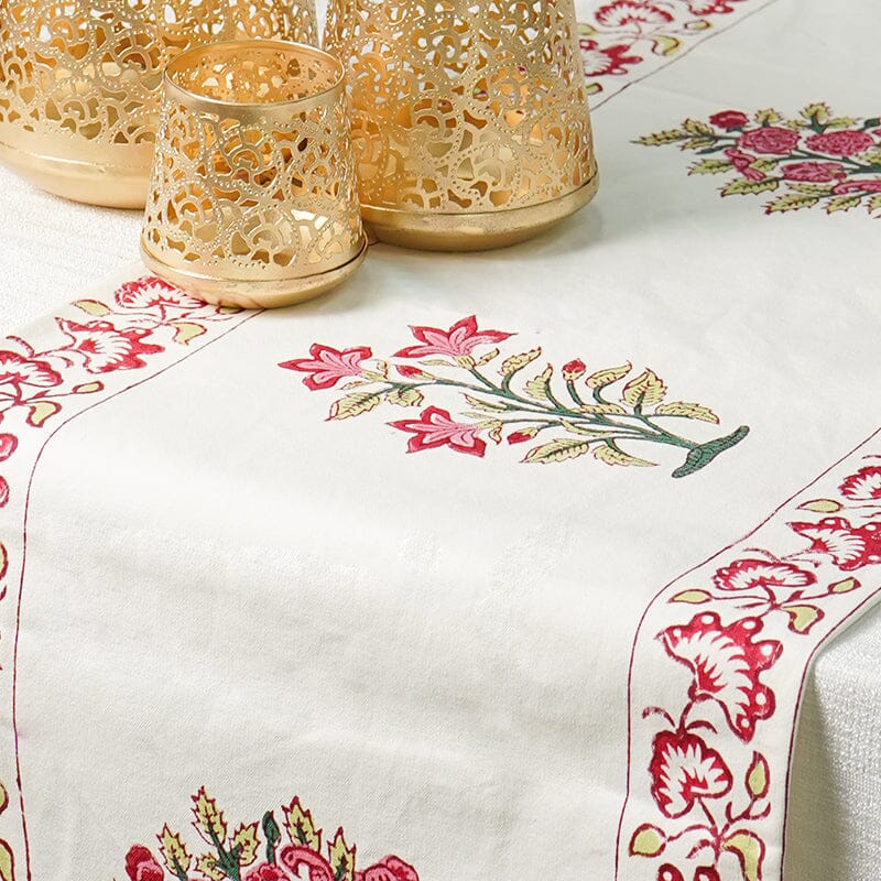 Suhasini Pink Floral Block Print Cotton Table Runner