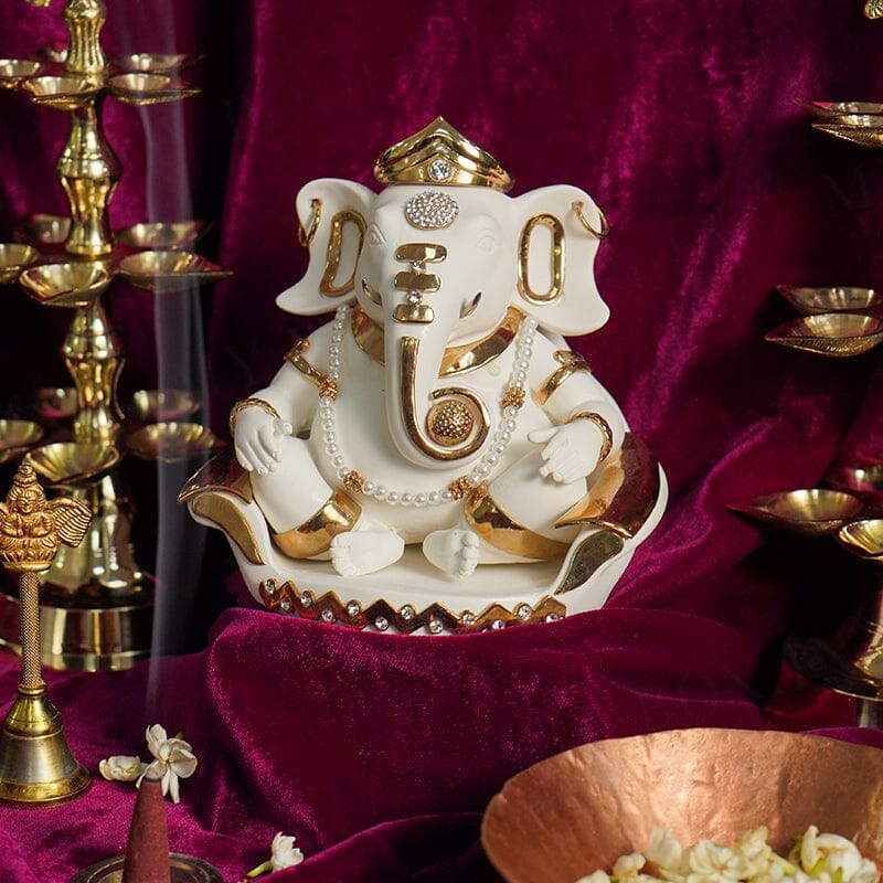 Sitting Lord Ganesha Gold Plated Marble Idol (Large)