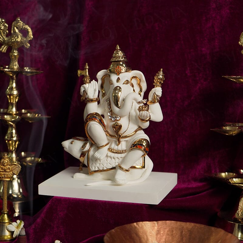 Ganesha Sitted On Mouse Gold Plated Marble Idol