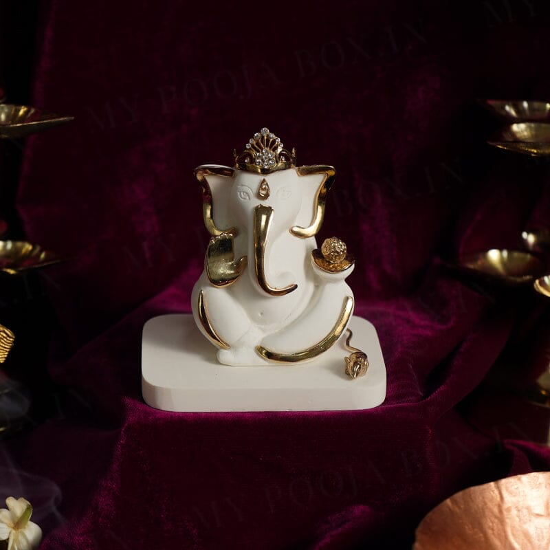 Crown Lord Ganesha Gold Plated Marble Idol