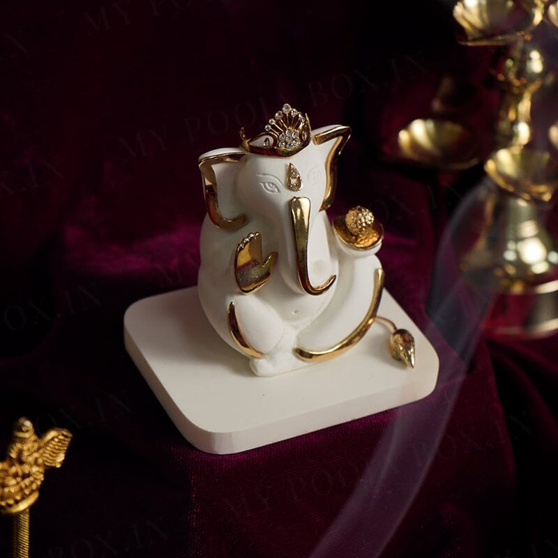 Crown Lord Ganesha Gold Plated Marble Idol