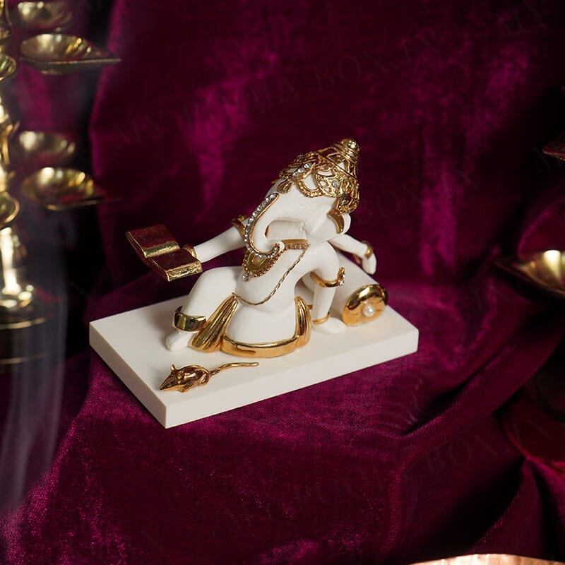 Reading Book Gold Plated Marble Ganesha Idol