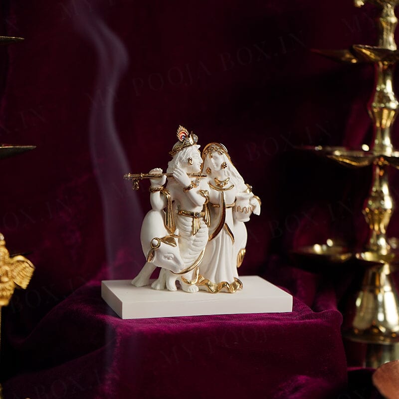 Graceful Radha Krishna Gold Plated Marble Idol