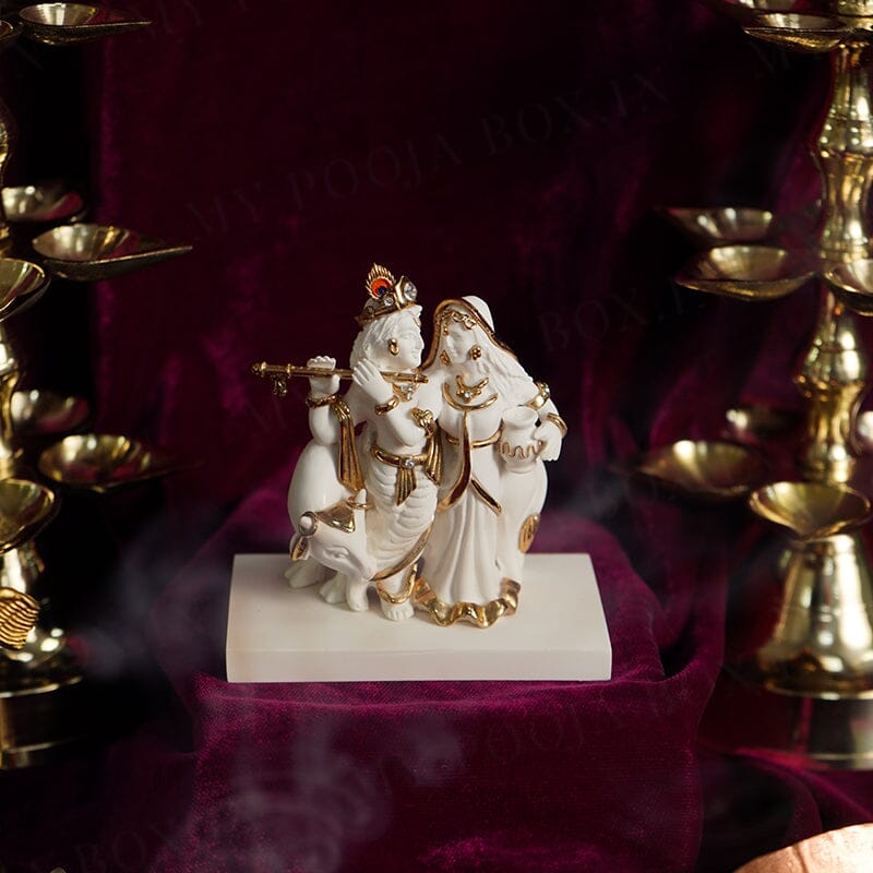 Graceful Radha Krishna Gold Plated Marble Idol