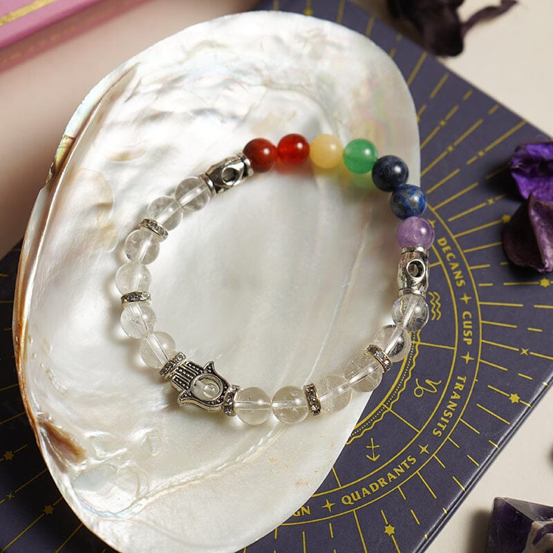 Clear Quartz Bracelet with Hamsa Charm 8 Chakra Bracelet