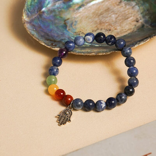 Lapis Lazuli 7 Chakra Bracelet with Hamsa Charm