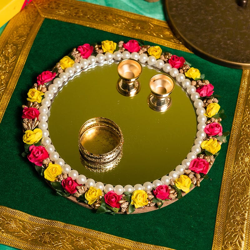 Buy Alluring Rose Mirror Roli Akshat Thali Online in India - Mypoojabox.in