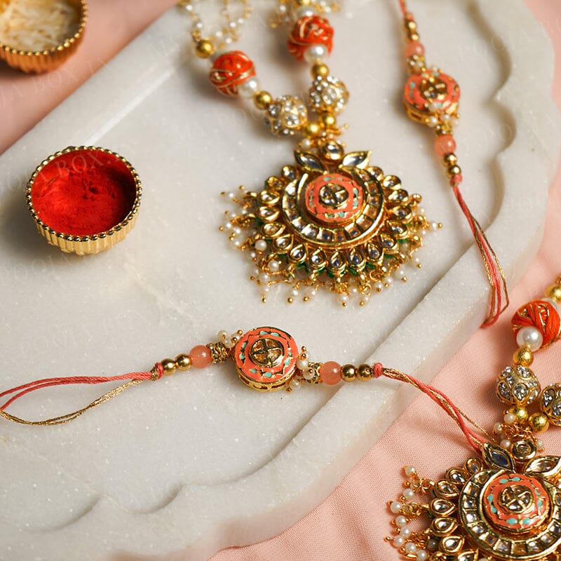 White & Orange Pearl Bhaiya Bhabhi Rakhi