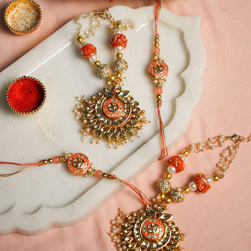 White & Orange Pearl Bhaiya Bhabhi Rakhi