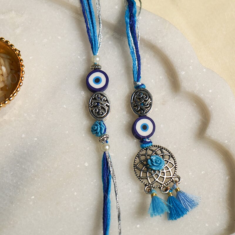 Buy Blue Evil Eye Shell Bhaiya Bhabhi Rakhi Online in India - Mypoojabox.in