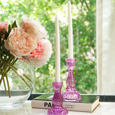 Clear Crystal Pink Glass Pillar Candle Holder Set of 2