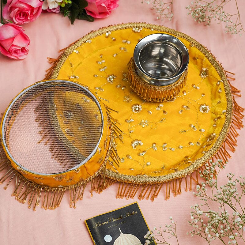 Traditional Yellow Karwa Chauth Thali Set