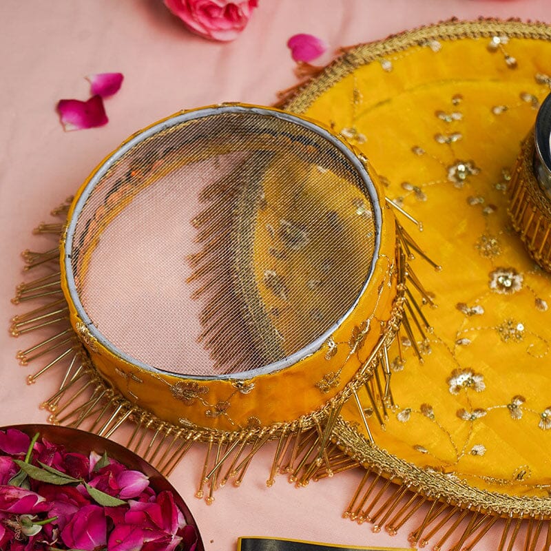 Traditional Yellow Karwa Chauth Thali Set