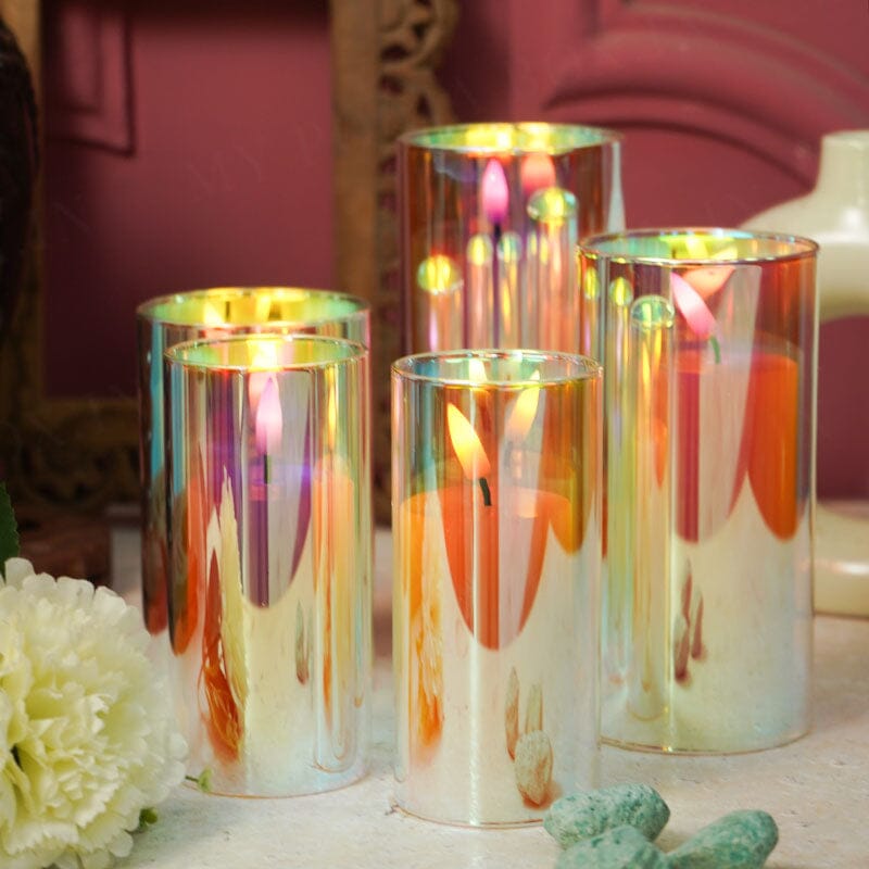 Rainbow LED Flickering Glass Jar Pillar Candles With Stand (Set of 5)