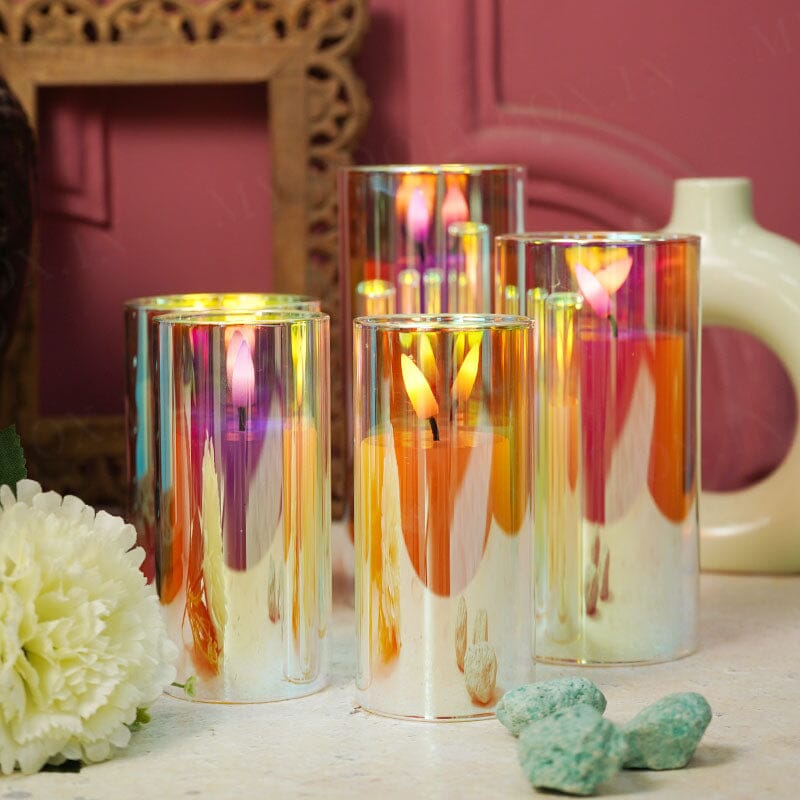 Rainbow LED Flickering Glass Jar Pillar Candles With Stand (Set of 5)