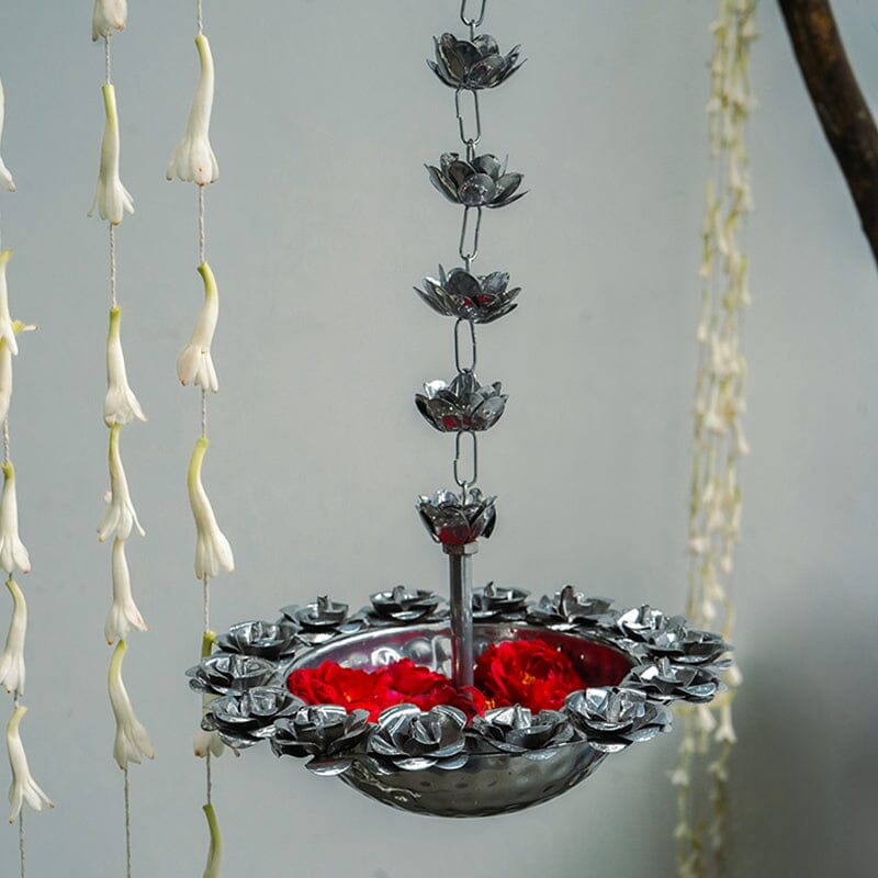 Luxury Floral Silver Finish Hanging Urli