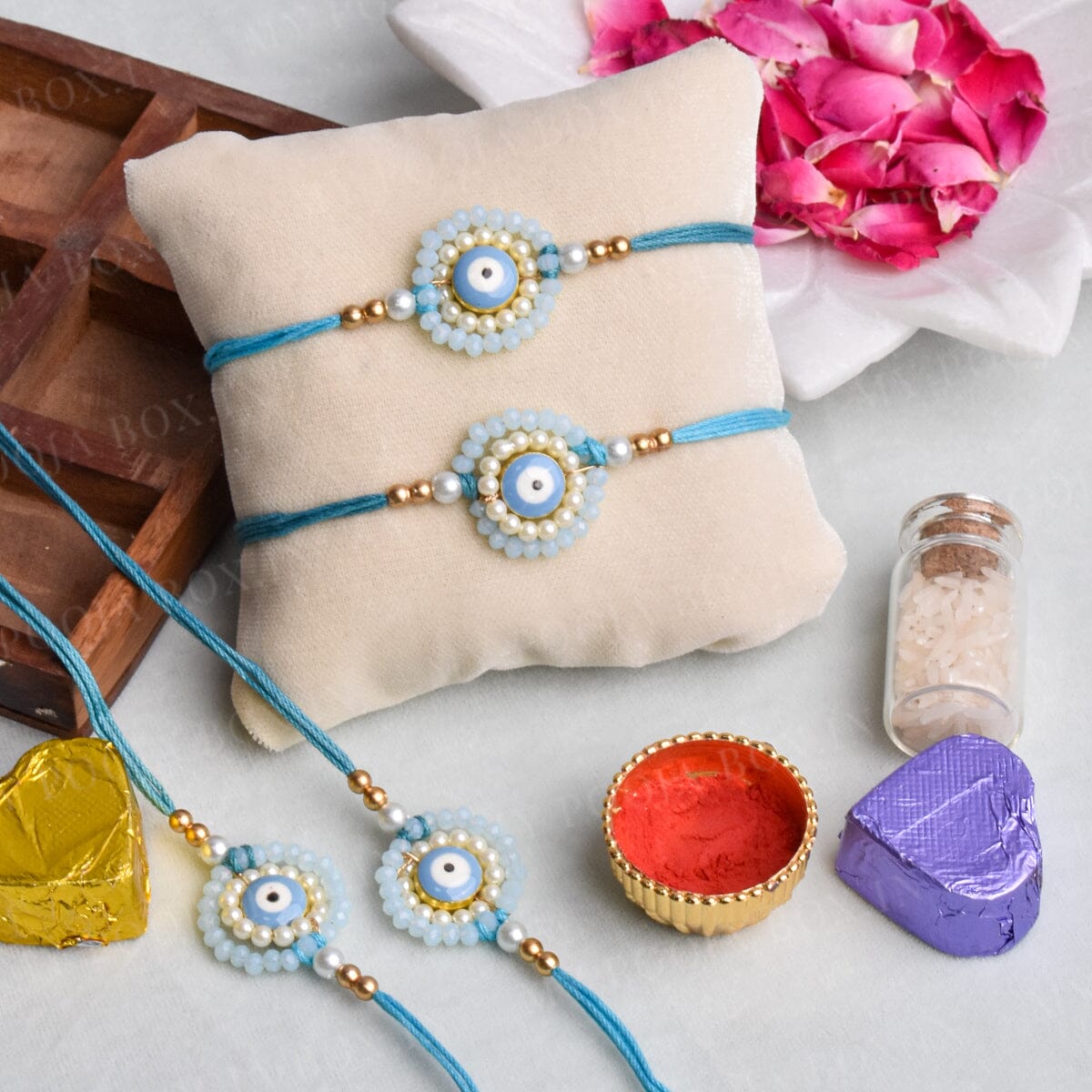 Evil Eye Light Blue Beaded Bhaiya Rakhi