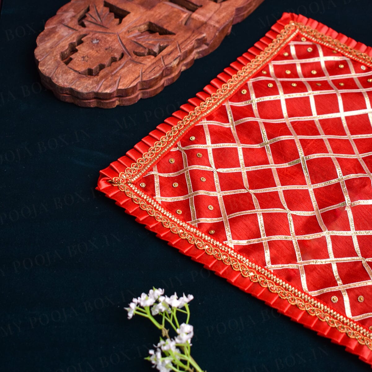 30x30 Velvet Pooja Mat Aasan Golden Red