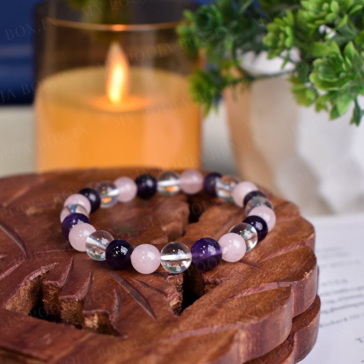 Amethyst,Rose Quartz & Clear Quartz Healing Crystal Bracelet