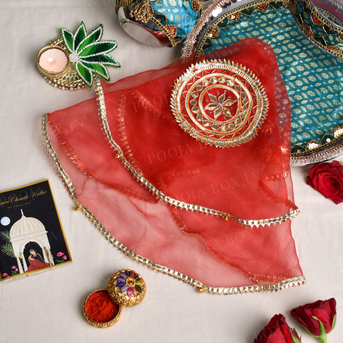 Red Gota patti Thali Cover