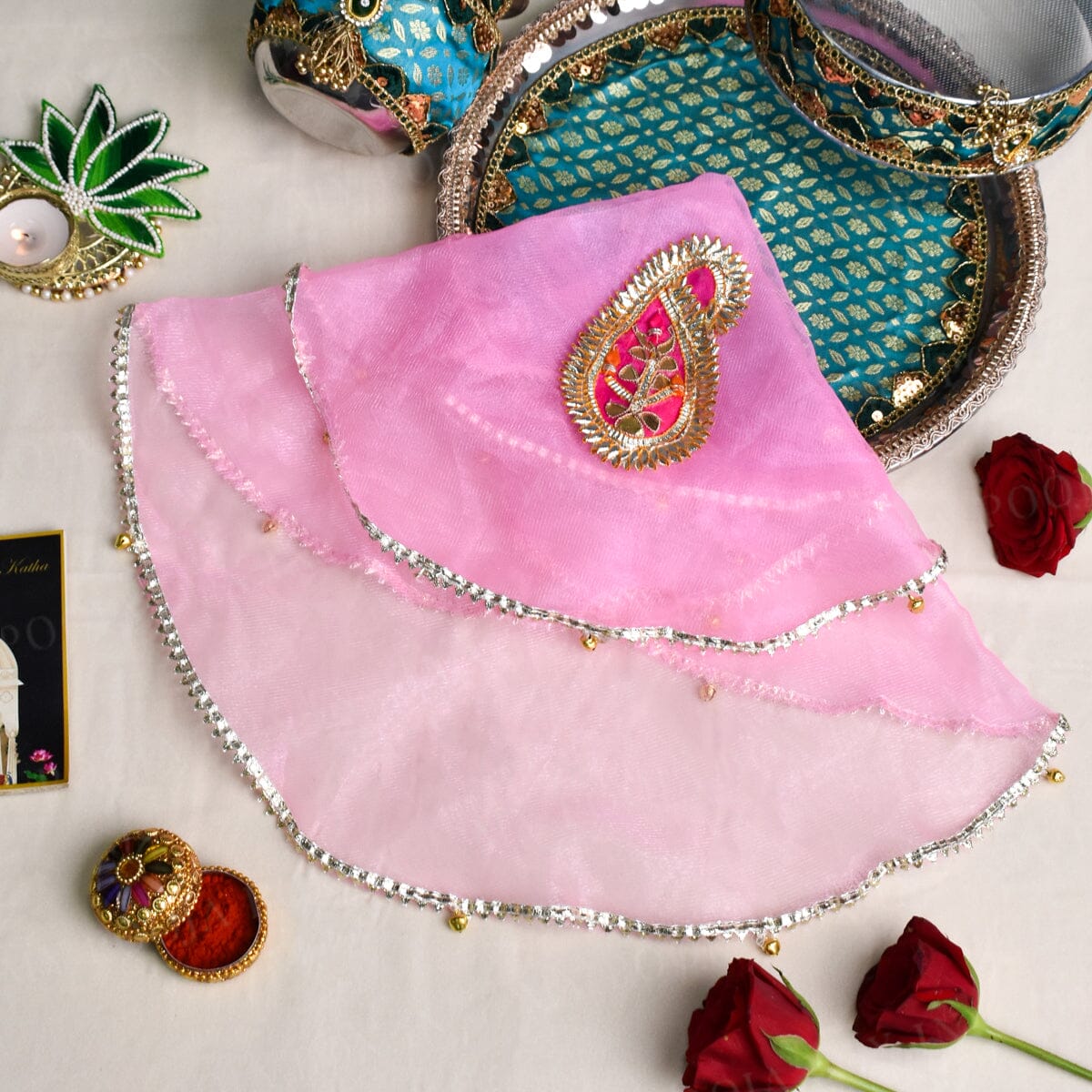 Pastel Pink Gota Patti Thali Cover