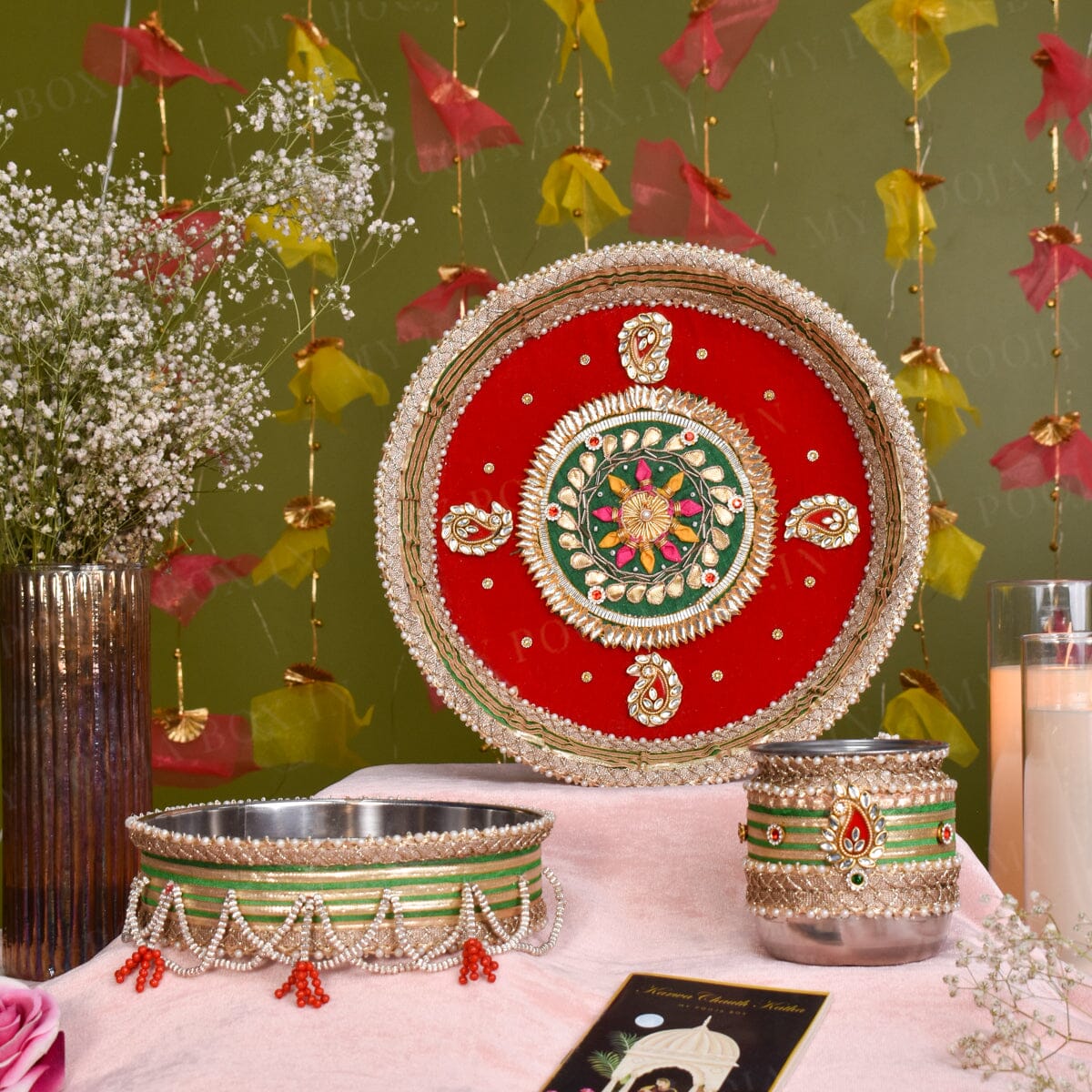 Extravagant Red Karwa Chauth Thali Set