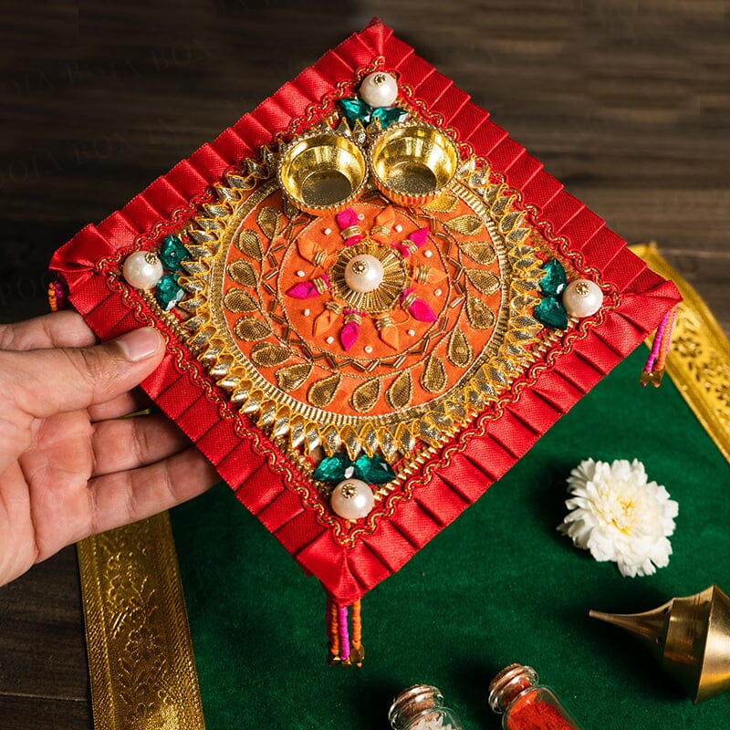 Floral Gota Patti Red Pooja Thali 6