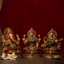 Antique Brass Laxmi Ganesha Saraswati Idol with Stone Work