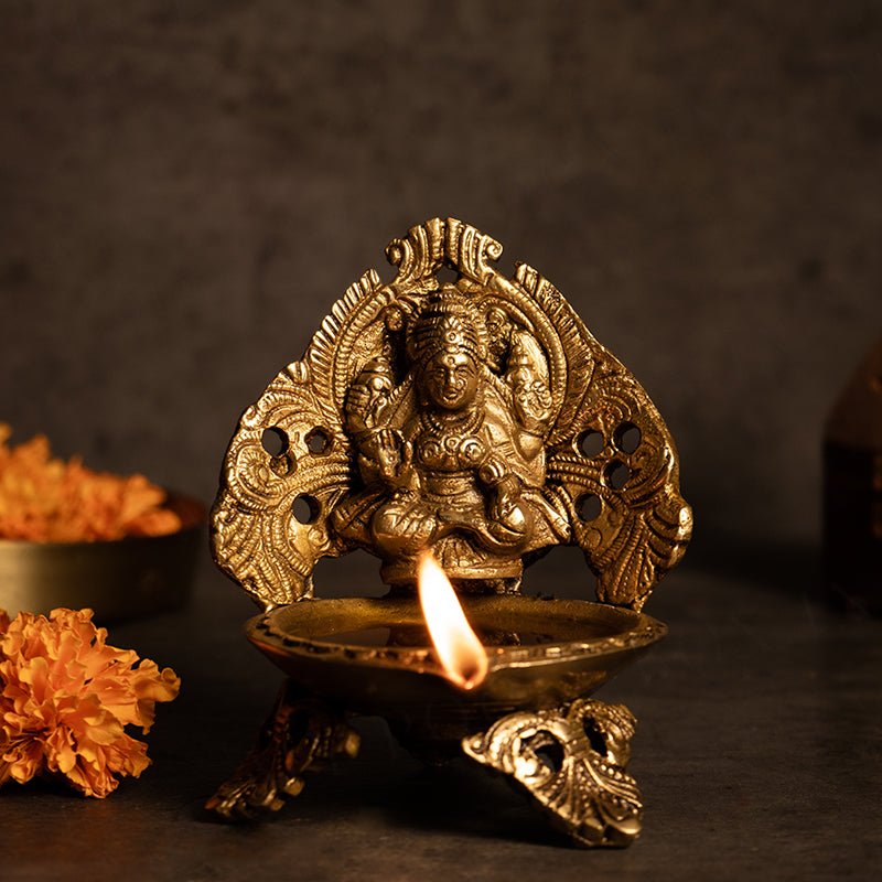 Brass Decorative Diya with Goddesses Laxmi