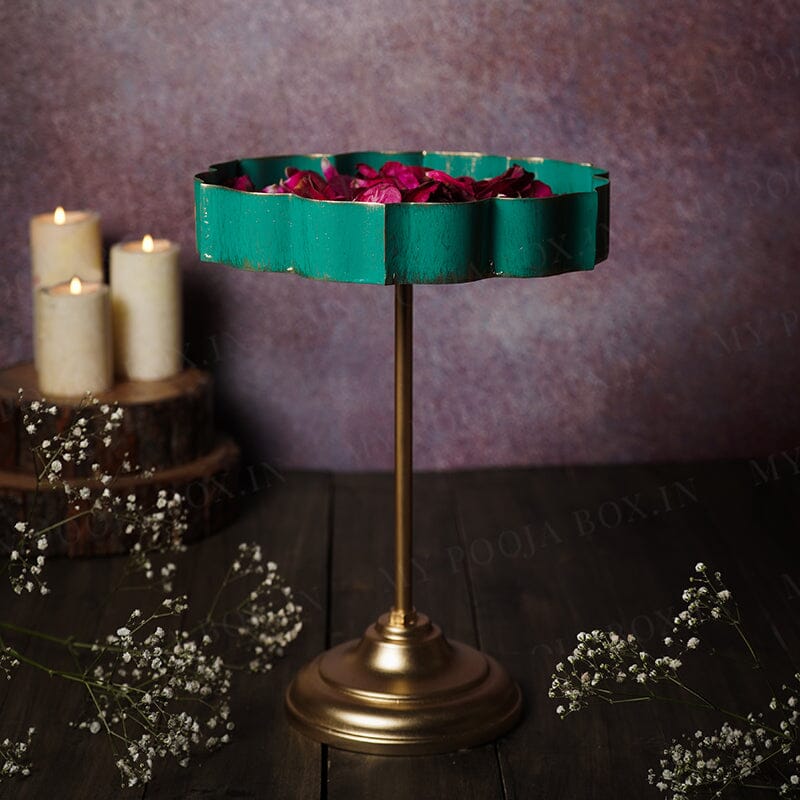 Mint Green And Gold Lotus Urli With Stand