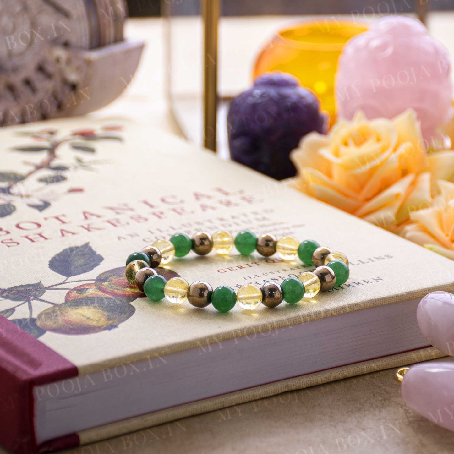 Green Jade, Citrine and Pyrite Natural Healing Crystal Bracelet