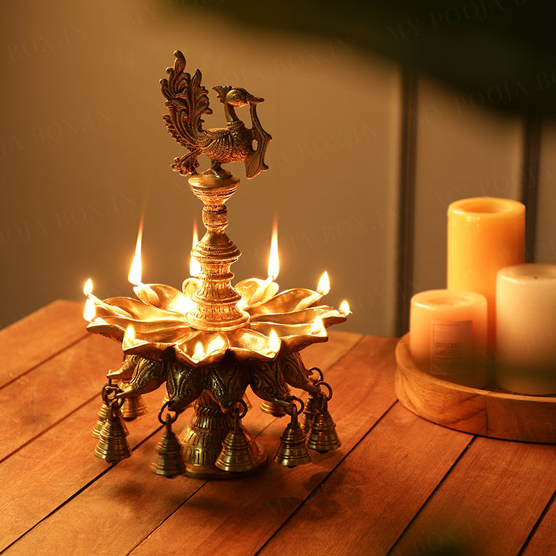 Antique Brass Peacock Diya with Bell