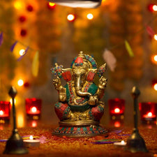 Brass Lord Ganesh Idol with Stone Work