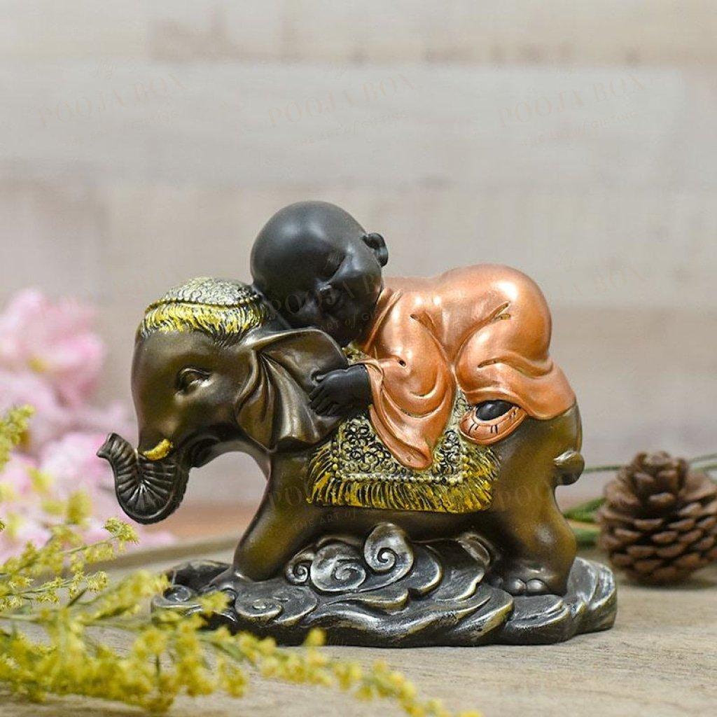 Cute Monk Sleeping On Elephant Showpiece